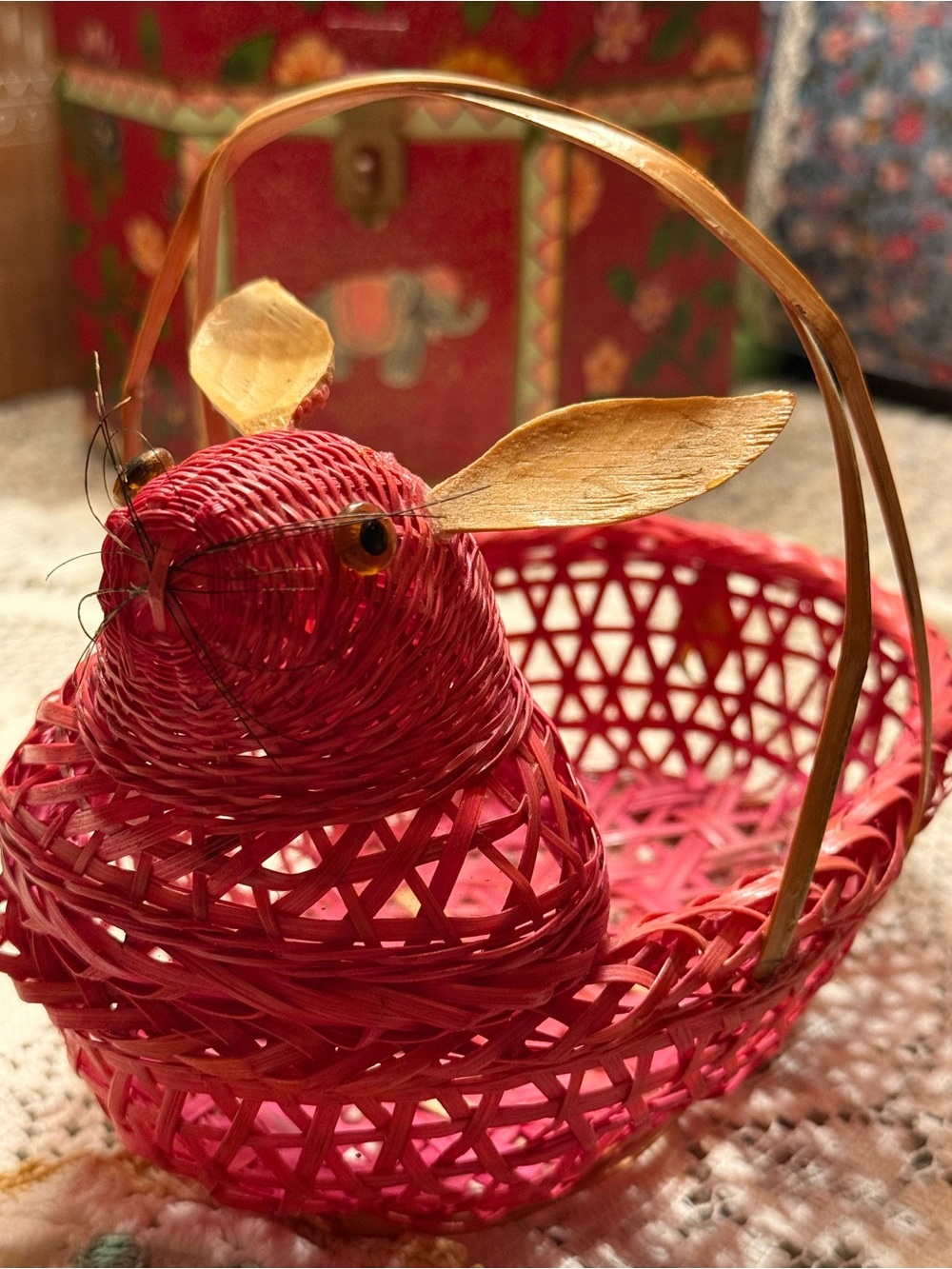 Vintage Wicker Bunny Rabbit Basket Red Wooden Rattan Ears Button Eyes & Whiskers